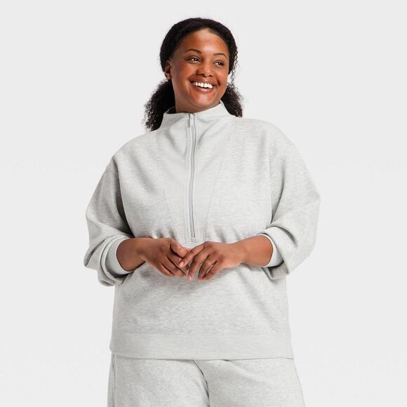 All In Motion Tops - Women's Airy Sleek Deep Zip Pullover Sweatshirt - All In Motion Heather Gray 3X